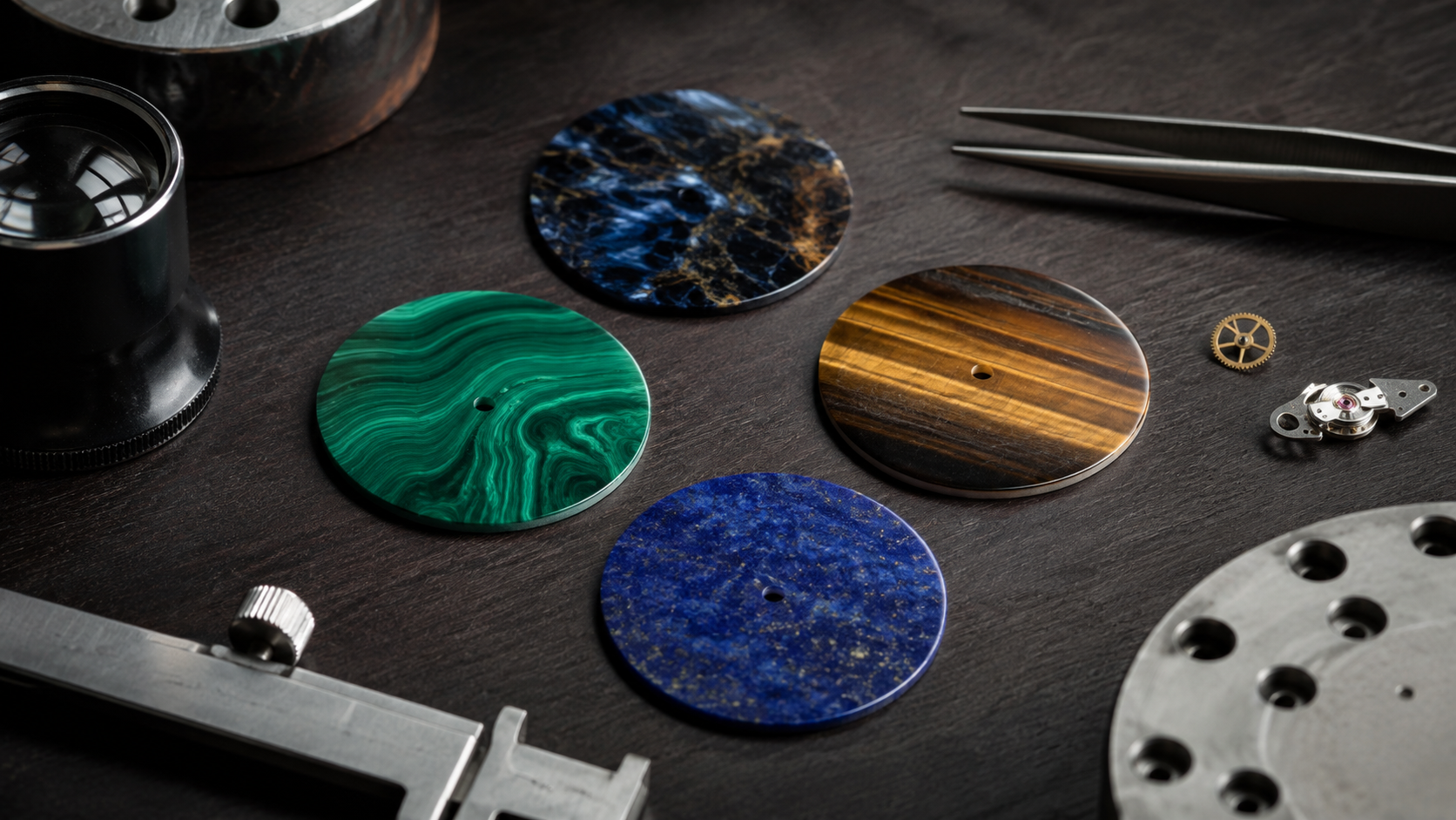 Natural stone watch dial blanks in malachite, lapis lazuli, pietersite and tiger eye on a watchmaker's workbench
