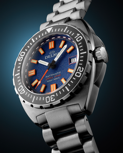 Delma Shell Star Titanium automatic dive watch with blue and orange dial
