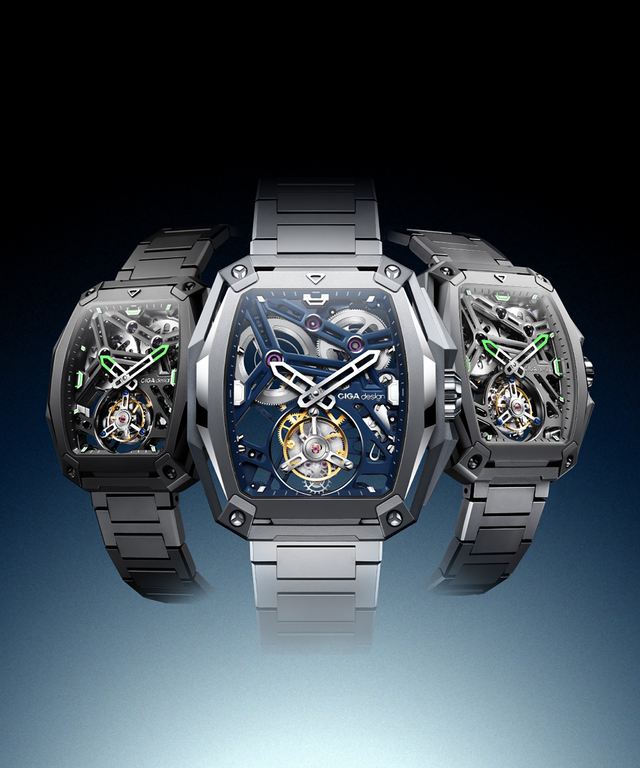 CIGA Design Hunter Tourbillon watches in titanium with skeleton dial, three models displayed, available at Red Army Watches Singapore