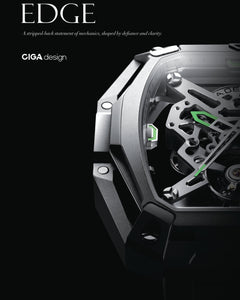 CIGA Design Edge collection featuring the Hunter skeleton watch with exposed mechanical architecture and contemporary industrial design.