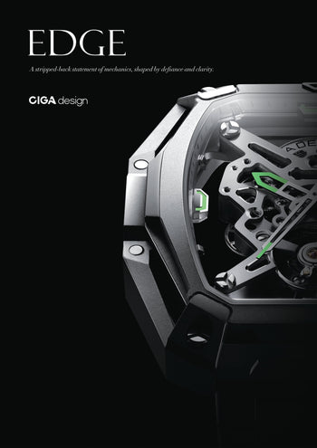 CIGA Design Edge collection featuring the Hunter skeleton watch with exposed mechanical architecture and contemporary industrial design.