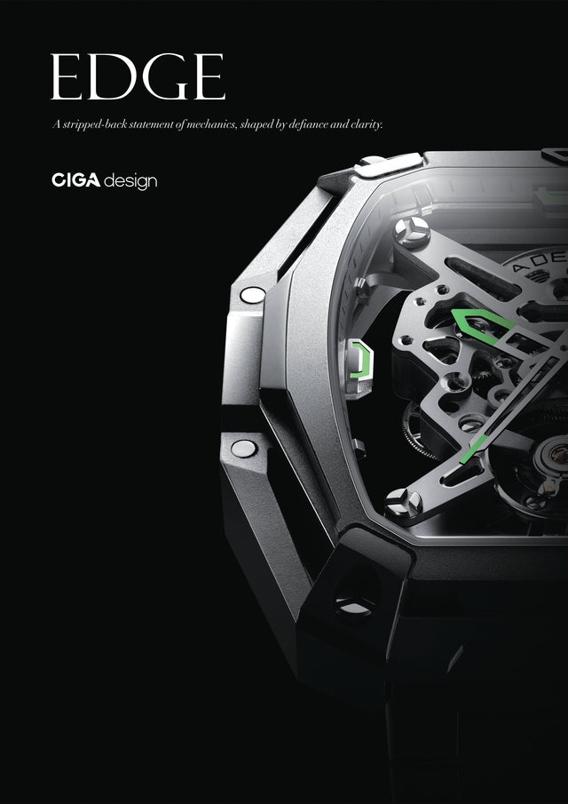 CIGA Design Edge collection featuring the Hunter skeleton watch with exposed mechanical architecture and contemporary industrial design.