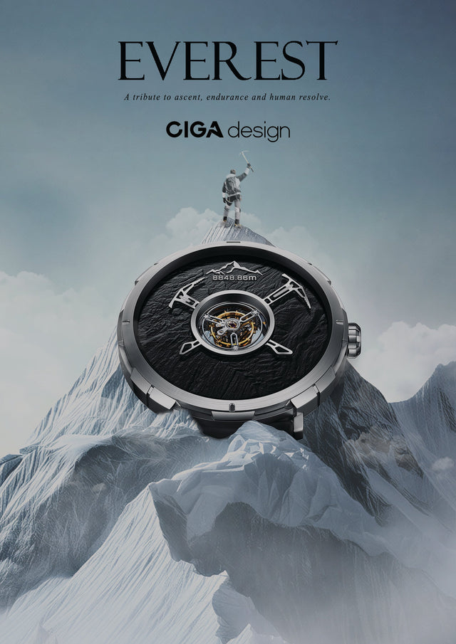 CIGA Design Everest collection featuring the Everest Summit Central Tourbillon with mountain-inspired textured dial and titanium construction.