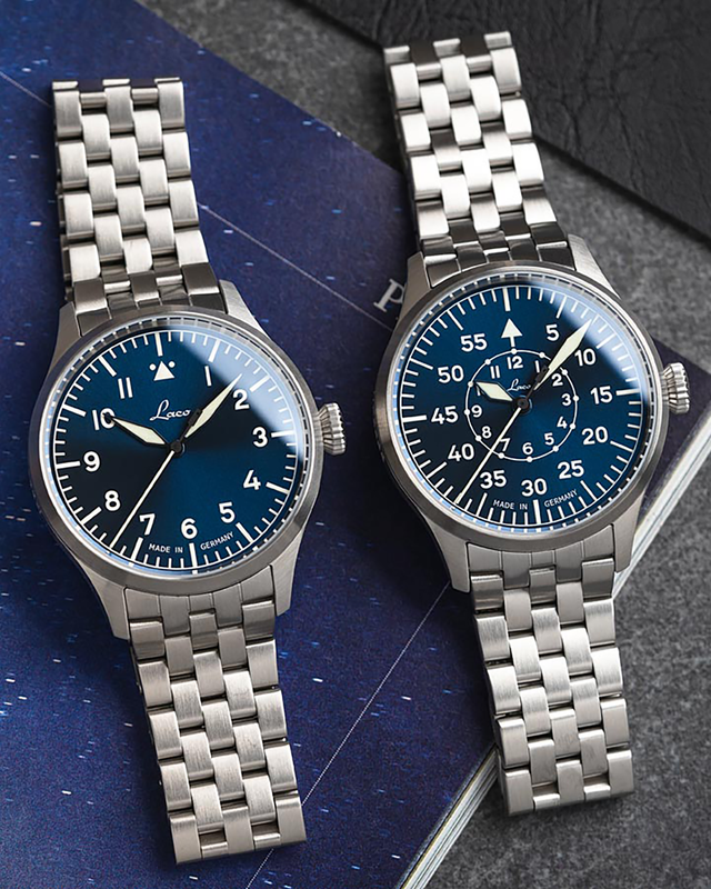 Laco Stuttgart PRO pilot watches with Type A and Type B blue dials on stainless steel bracelets