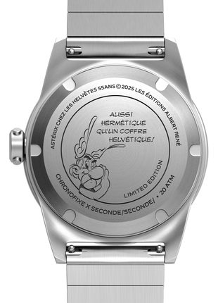 Engraved caseback of the Chronofixe Cofrefor Astérix in Switzerland limited edition