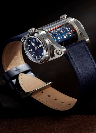 ANGLES Cylindrex Silver Cobalt 40mm automatic watch with blue dual time displays