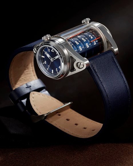ANGLES Cylindrex Silver Cobalt 40mm automatic watch with blue dual time displays