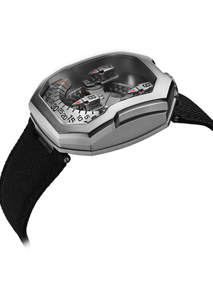 Side profile of ANGLES Orbitron Ash Titanium 39mm automatic watch