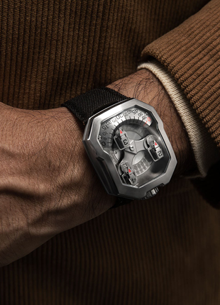 ANGLES Orbitron Ash Titanium 39mm automatic watch worn on the wrist