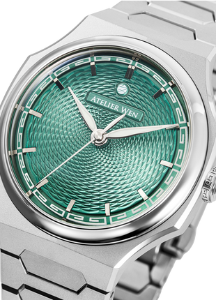 Close-up of Atelier Wen Perception V3 Yún bamboo-green hand-turned guilloché dial