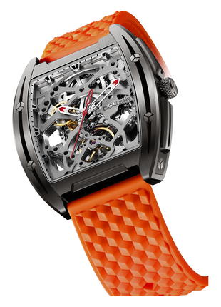CIGA Design Edge Titanium Orange skeleton dial geometric bridge structure detail