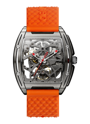 CIGA Design Edge Titanium Orange automatic skeleton watch full front view