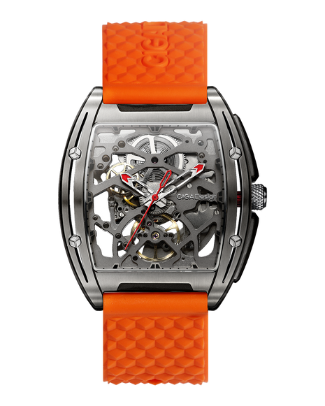 CIGA Design Edge Titanium Orange automatic skeleton watch full front view