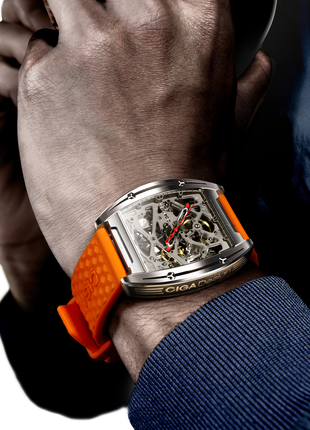 CIGA Design Edge Titanium Orange watch worn on wrist lightweight titanium design