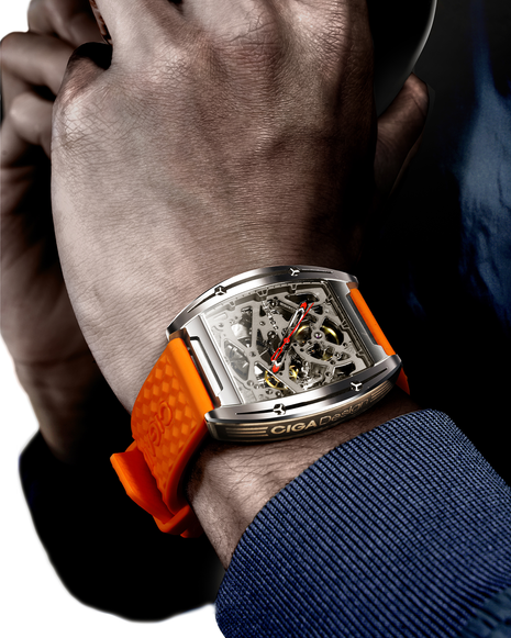 CIGA Design Edge Titanium Orange watch worn on wrist lightweight titanium design