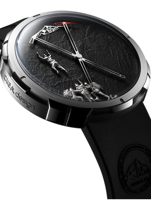 Everest bedrock dial with ice-axe-inspired hands and climbing scene