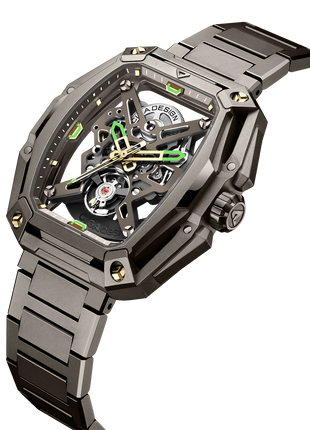 Skeletonised dial of the CIGA DESIGN Hunter Vintage Brown Gold showcasing the CD-07 automatic movement