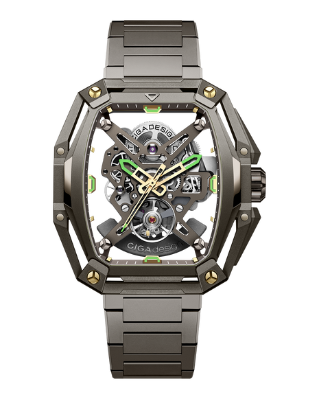 CIGA DESIGN Hunter Vintage Brown Gold automatic skeleton watch with integrated H-link bracelet