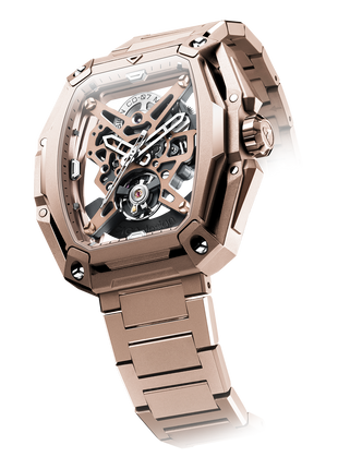 Side profile of the CIGA DESIGN Hunter Vintage Rose Gold highlighting its curved sapphire crystal