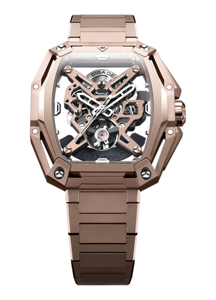 CIGA DESIGN Hunter Vintage Rose Gold automatic skeleton watch with integrated H-link bracelet front