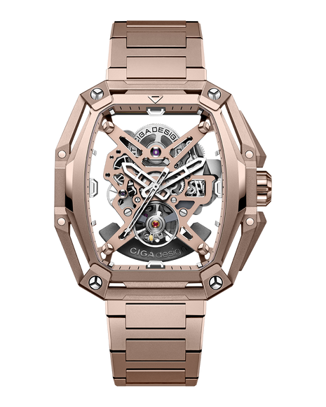 CIGA DESIGN Hunter Vintage Rose Gold automatic skeleton watch with integrated H-link bracelet