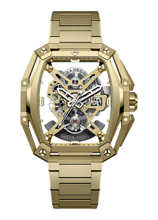 CIGA DESIGN Hunter Vintage Sand Gold automatic skeleton watch with integrated H-link bracelet