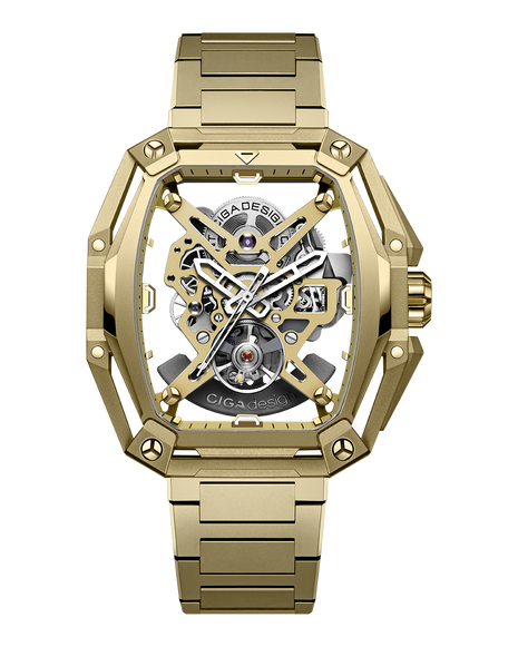 CIGA DESIGN Hunter Vintage Sand Gold automatic skeleton watch with integrated H-link bracelet