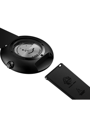 Caseback and strap change view of the Black Star revealing the Swiss automatic movement and rotor assembly