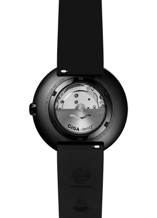 Caseback view of the Black Star revealing the Swiss automatic movement and rotor assembly