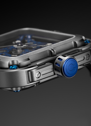 CIGA Design X Series Gorilla Blue Titanium suspension case crown detail