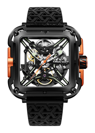 CIGA Design X Series Gorilla Orange PVD skeleton watch front view