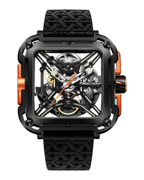 CIGA Design X Series Gorilla Orange PVD skeleton watch front view