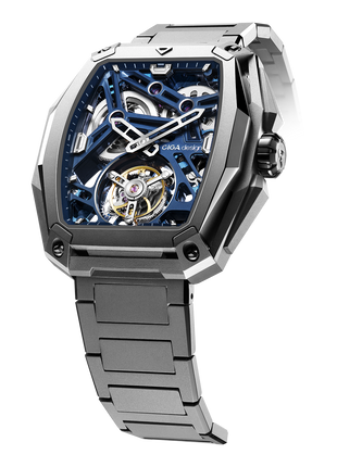 CIGA Design Z Hunter Tourbillon Blue skeleton watch angled view