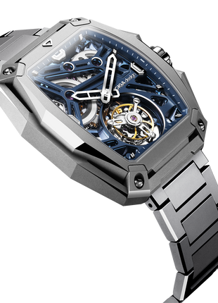 CIGA Design Z Hunter Tourbillon Blue skeleton watch angled view