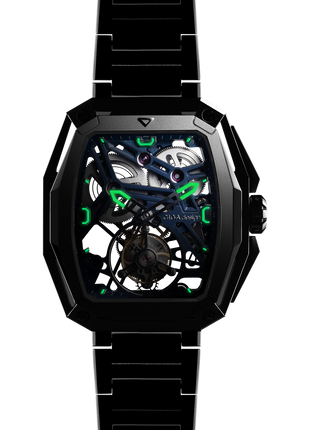 CIGA Design Z Hunter Tourbillon Blue skeleton watch lume shot view