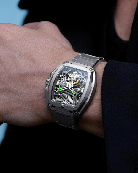 CIGA Design Hunter Tourbillon Silver skeleton watch wristshot