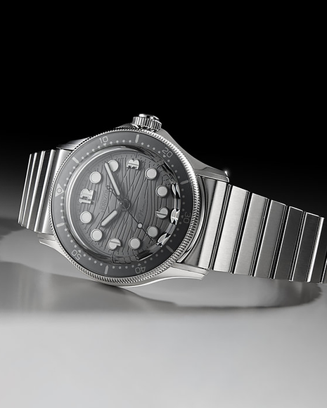 Angled view of Horizon Nemo Grey Wave automatic watch and sapphire bezel