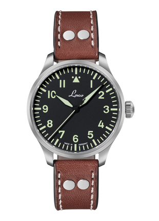 Laco Augsburg 39 Type A Automatic Pilot Watch front view with black Flieger dial