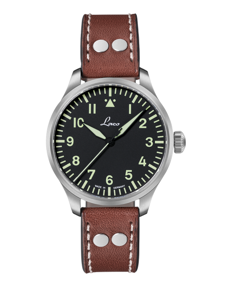 Laco Augsburg 39 Type A Automatic Pilot Watch front view with black Flieger dial