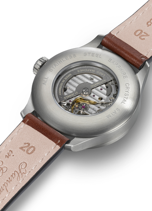 Caseback of Laco Augsburg 42 Type A Automatic Pilot Watch front view with black Flieger dial