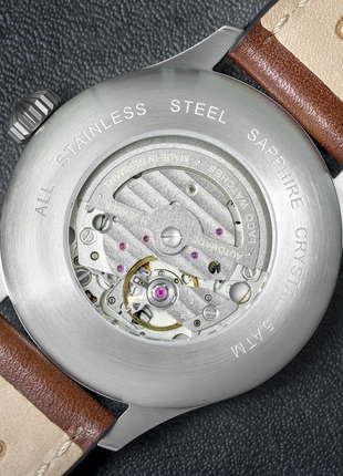 Close up of caseback of Laco Augsburg 42 Type A Automatic Pilot Watch front view with black Flieger dial