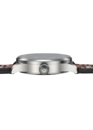 Crown of Laco Augsburg 42 Type A Automatic Pilot Watch front view with black Flieger dial