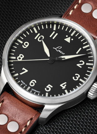 Dial of Laco Augsburg 42 Type A Automatic Pilot Watch front view with black Flieger dial