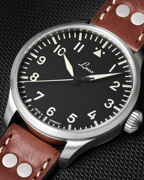 Dial of Laco Augsburg 42 Type A Automatic Pilot Watch front view with black Flieger dial