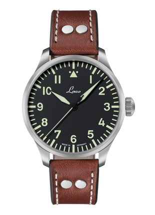 Laco Augsburg 42 Type A Automatic Pilot Watch front view with black Flieger dial