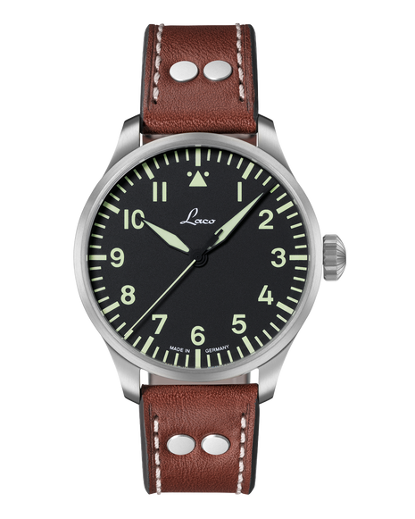 Laco Augsburg 42 Type A Automatic Pilot Watch front view with black Flieger dial