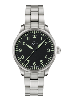 Laco Augsburg 39 MB 39mm automatic pilot watch with black Type A dial and stainless-steel bracelet