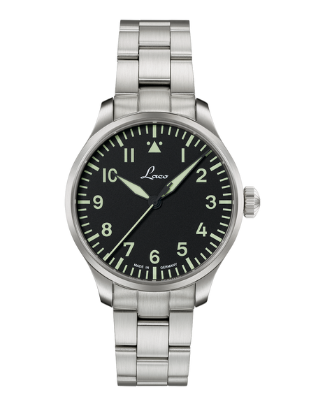 Laco Augsburg 39 MB 39mm automatic pilot watch with black Type A dial and stainless-steel bracelet
