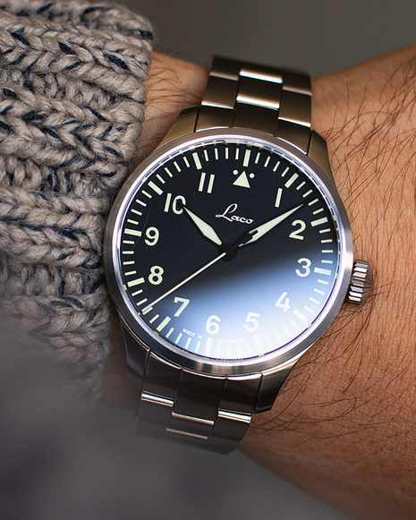 Laco Augsburg 39 MB 39mm automatic pilot watch worn on the wrist