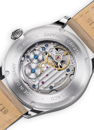 Caseback of Laco Bremerhaven 39 hand-wound navy watch with black dial, small seconds and black leather strap